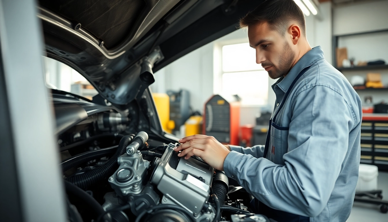Motorschaden Ankauf: Mechanic analyzing a damaged engine in a well-lit garage environment.