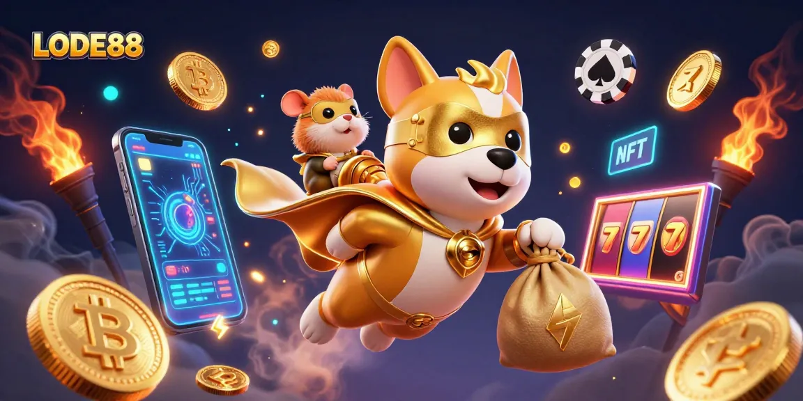 Experience LODE88's thrilling gameplay with a superhero dog flying amidst gold coins and neon crypto elements.