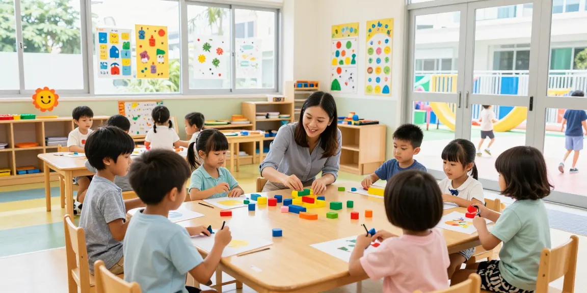 Children engaging in interactive learning at a Japanese kindergarten Singapore, showcasing vibrant classroom activities and a creative environment.