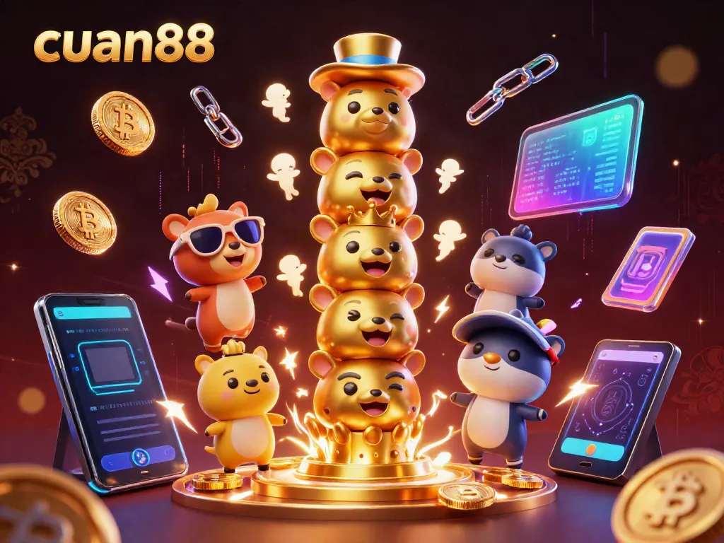 Engage with cuan88 through vibrant 3D casino magic showcasing lively totems and crypto elements.