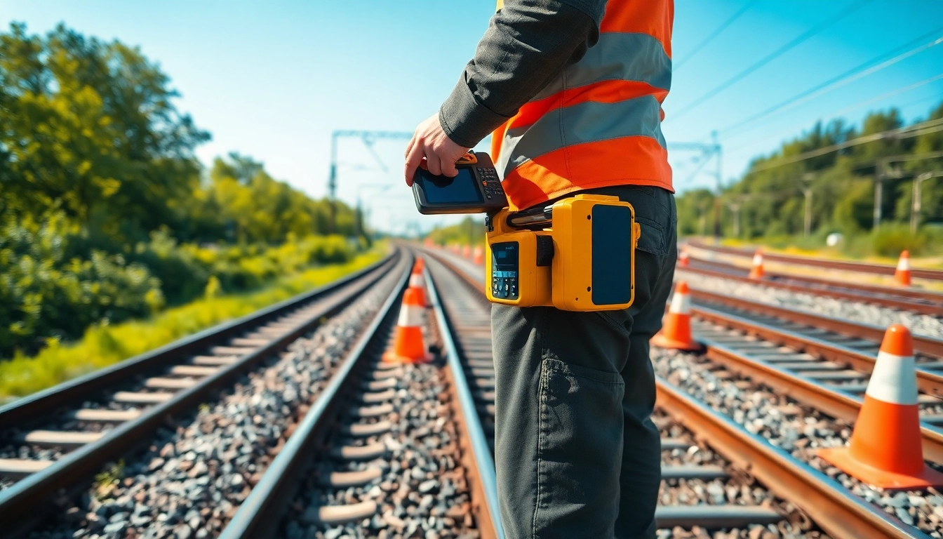 Track Inspection professional analyzing railway conditions with precision tools outdoors.