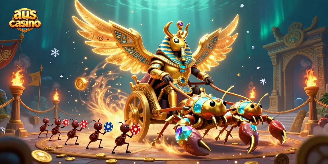 Experience thrilling action at aus casino with a radiant golden scarab beetle, scorpions, and poker chips.