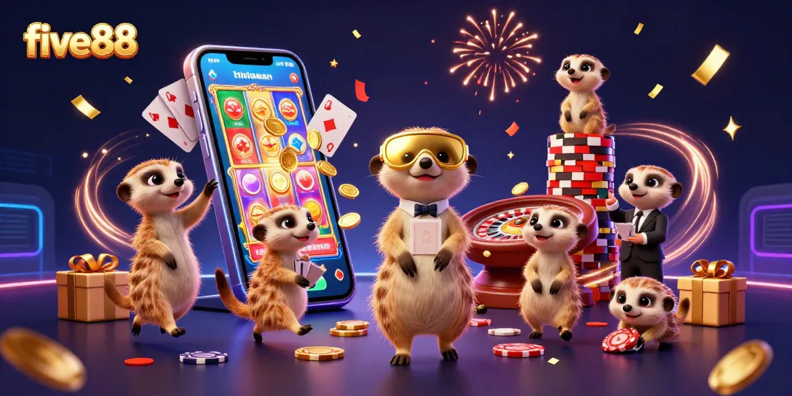 Experience the excitement of five88 with engaging meerkats managing a vibrant casino atmosphere.