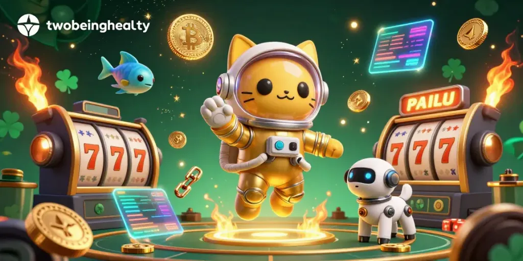 Experience thrilling jackpots with twobeinghealty as space-themed characters spin slot reels in a vibrant casino.
