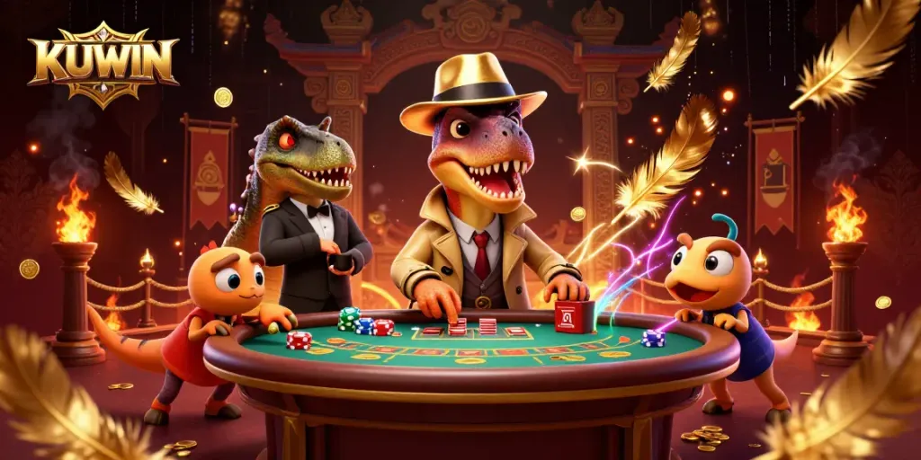 Kuwin draws attention with a velociraptor card counter and stegosaurus pit boss at an exciting blackjack table.