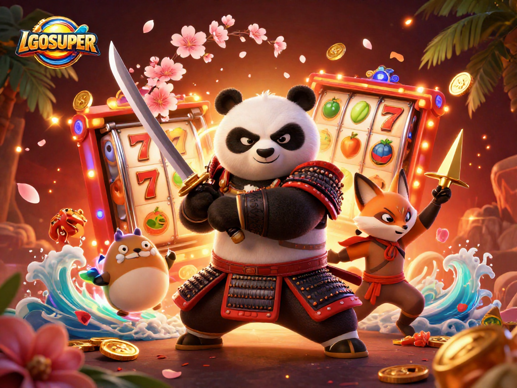 Experience the thrill of LGOSUPER with a vibrant casino scene featuring samurai panda and ninja fox.