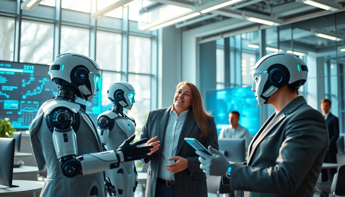 Engaging scene of Ai Bots assisting users in a high-tech workspace with holographic interfaces.