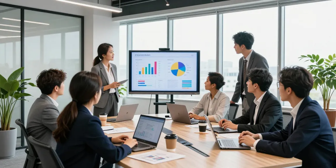 Réunion de professionnels avec CIBC dans un bureau moderne, échanges dynamiques autour de graphiques financiers.