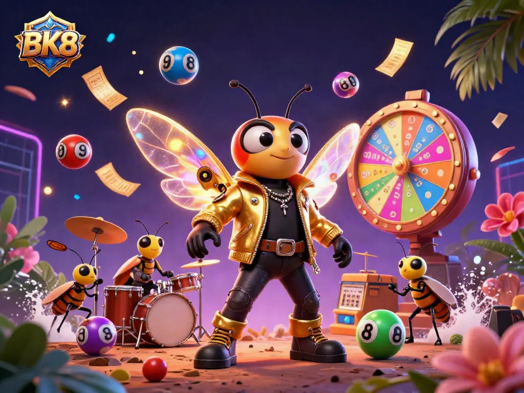 Experience the excitement of BK8 with a vibrant illustration of a rock star cicada amidst colorful gambling elements.