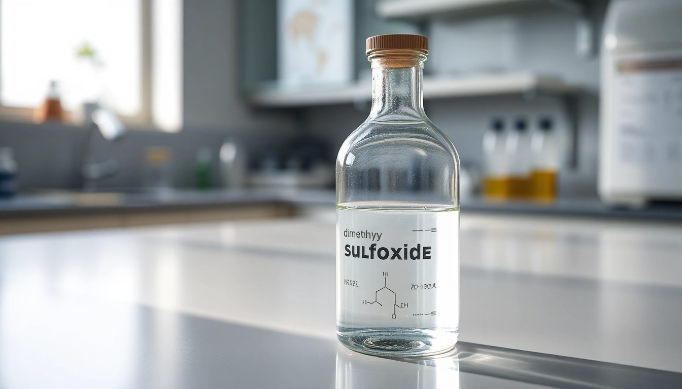 Explore dimethyl sulfoxide in a laboratory setting showcasing its purity and quality in a glass bottle.