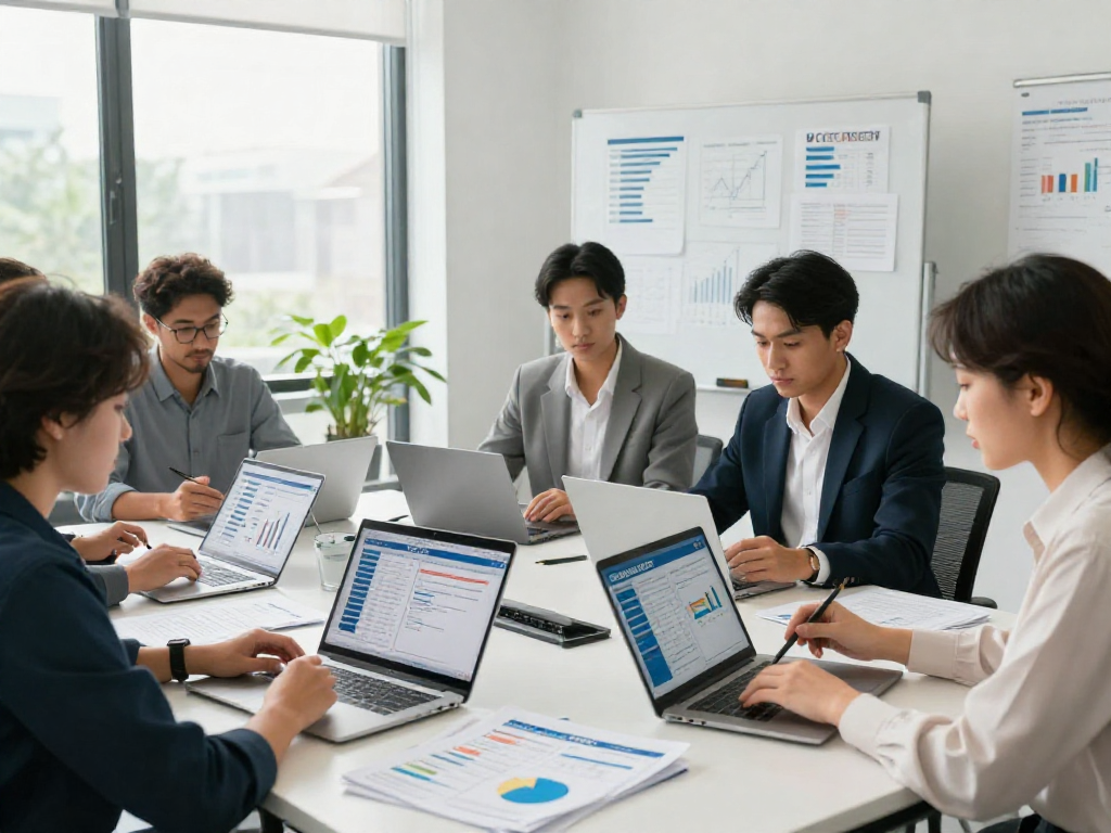 Collaboration among professionals analyzing Equifax credit scores in a modern office.