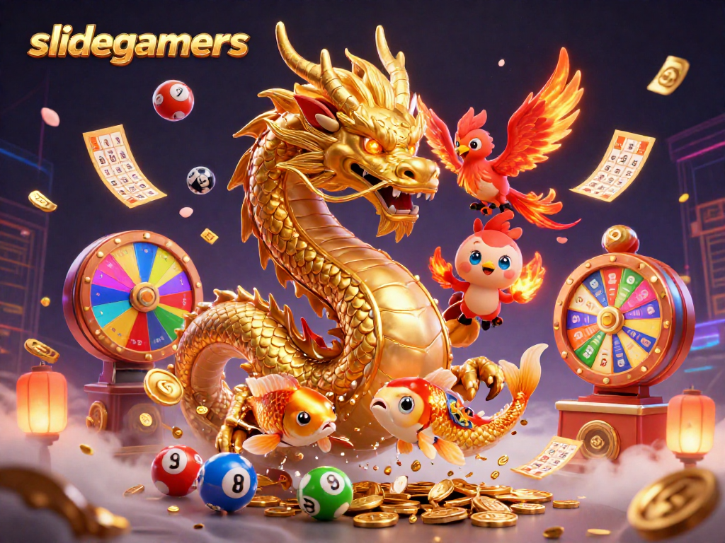 Join the excitement at slidegamers, where a formidable Chinese dragon and playful phoenix soar above a flurry of winning lottery elements!