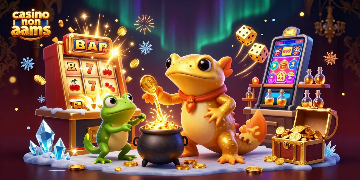 Scopri il mondo dei casino non AAMS con una vivace esplosione di simboli e personaggi cartoon.