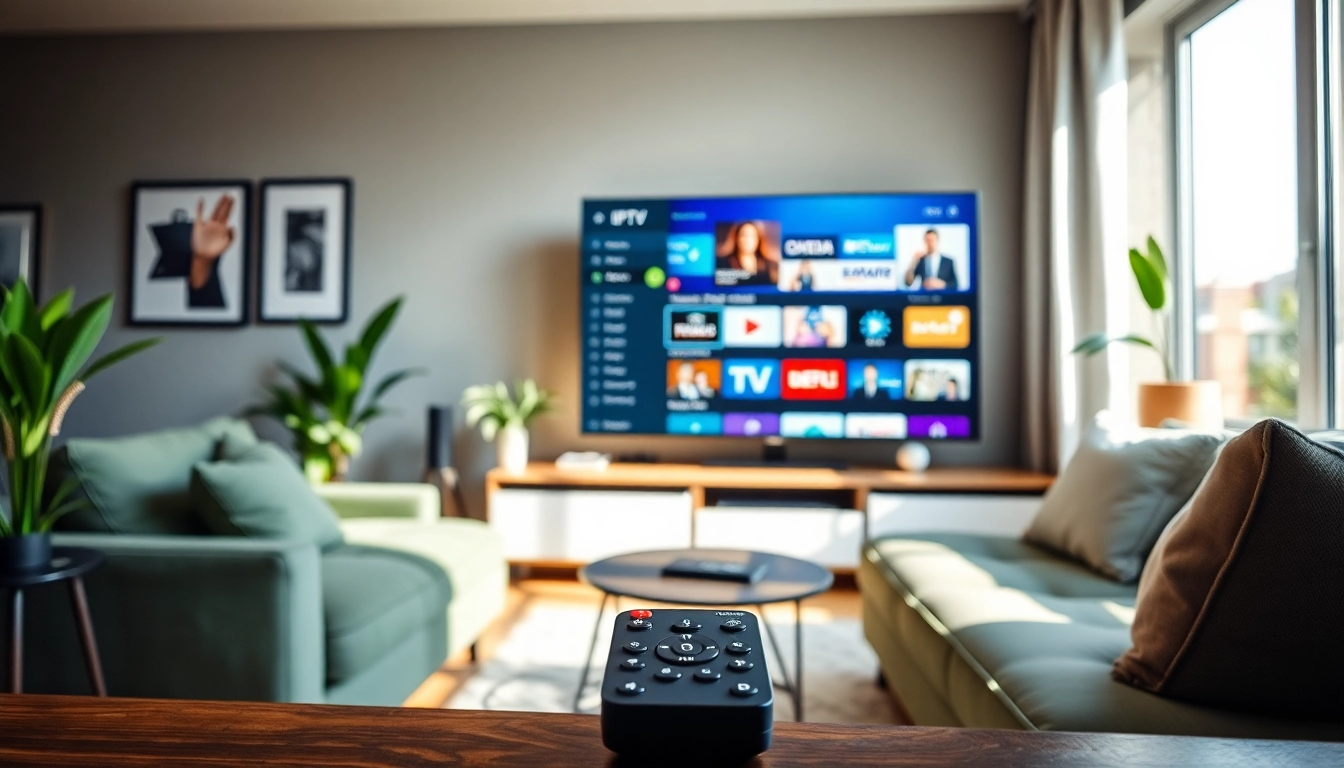 Showcase of free trial iptv in a cozy living room setting with a bright TV display and modern decor.