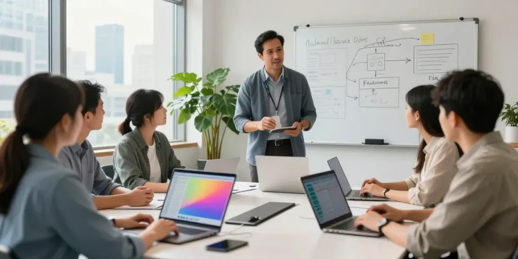 Michael Rustom leading a strategic IT meeting in a modern office environment.