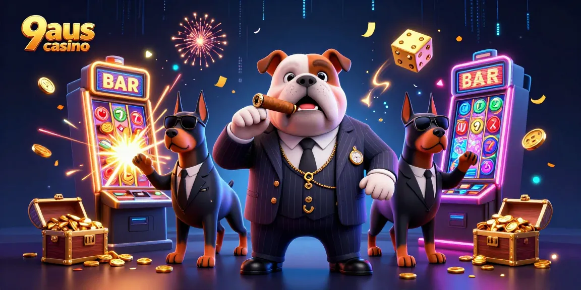 Experience the thrill of 9aus casino with a vibrant slot machine explosion and cartoon mafia characters.