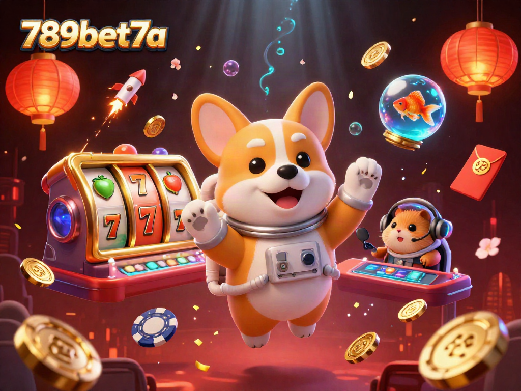 Engage in the thrilling casino experience with 789bet7a's vibrant space scene filled with slot reels and fantasy characters.