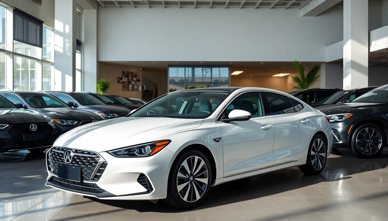 Buy New Car in a modern showroom with bright lighting and sleek design.