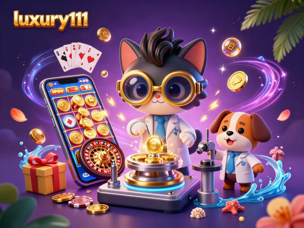 Experience gaming excitement with luxury111 as the scientist cat creates gold coins among vibrant casino elements.