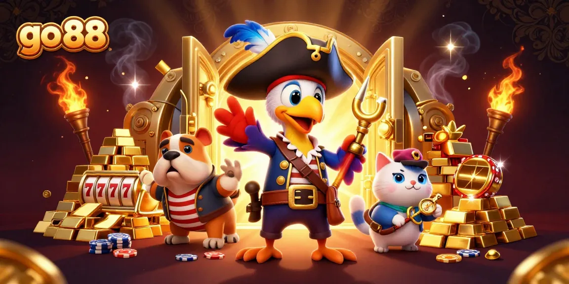 Win big with go 88 as a pirate captain leads a jackpot adventure with treasure and slot reels.