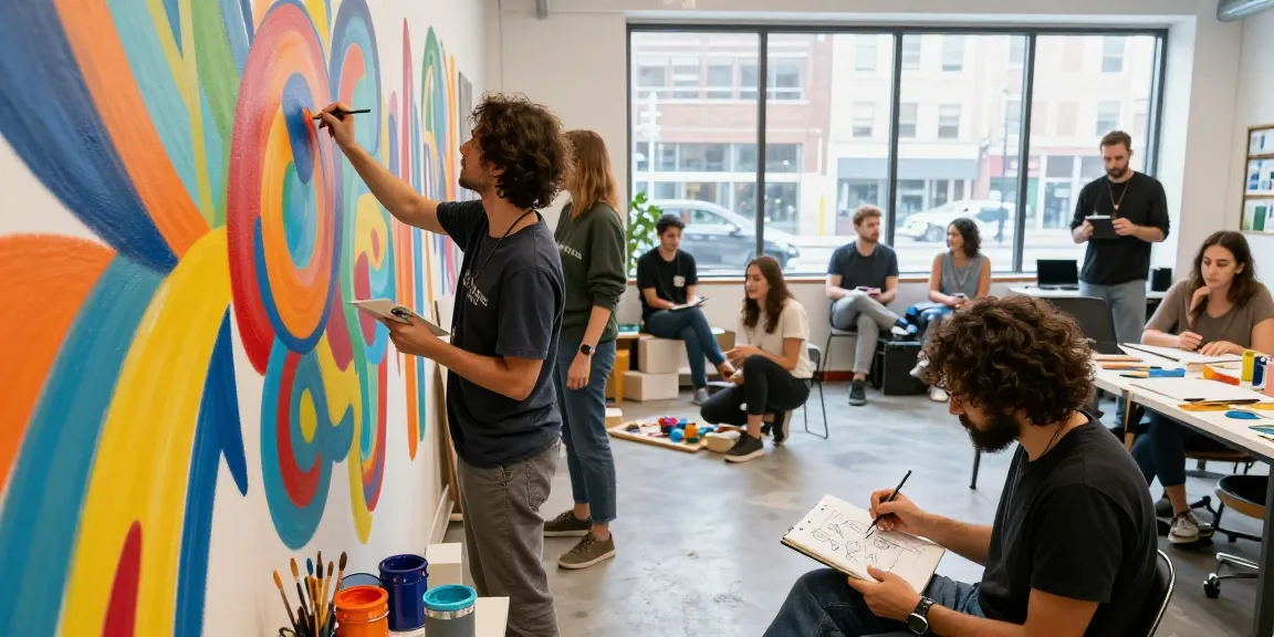 Collaborative artists at doujinhentai-th.com creating a vibrant mural in a modern studio.