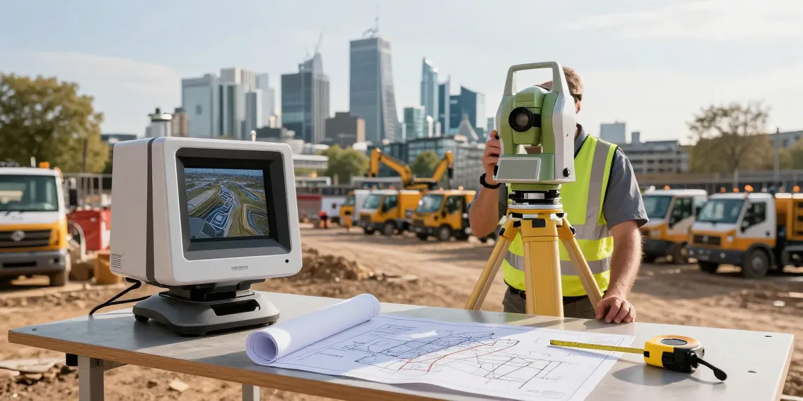 Topographical land surveys London conducted by a surveyor with advanced equipment at a construction site.