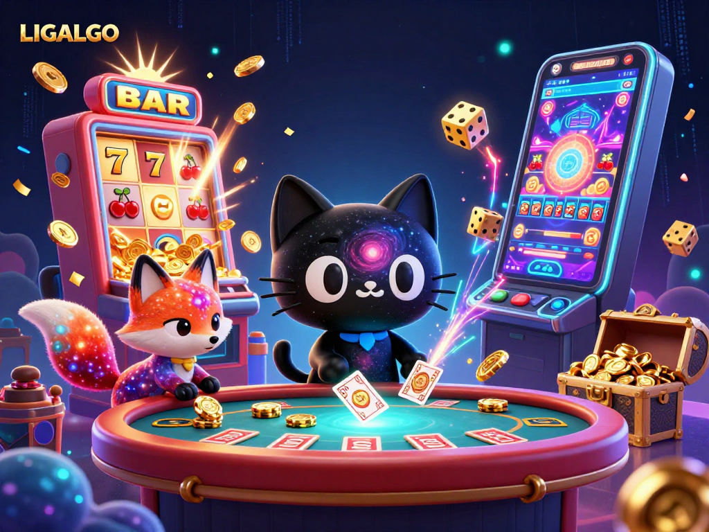 LIGALGO showcases a playful cosmic casino scene featuring a black hole cat and a nebula fox attracting gaming excitement with slots.