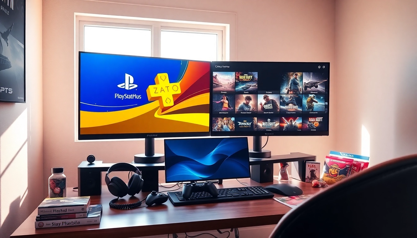 Immerse yourself in exciting PS Plus games with a modern gaming setup featuring dual monitors.