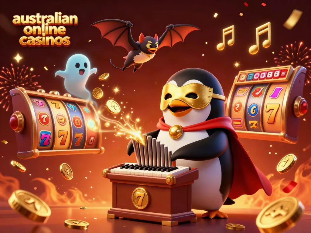 Experience the thrill of australian online casinos with a vibrant 3D scene featuring a playful penguin and exciting gaming elements.