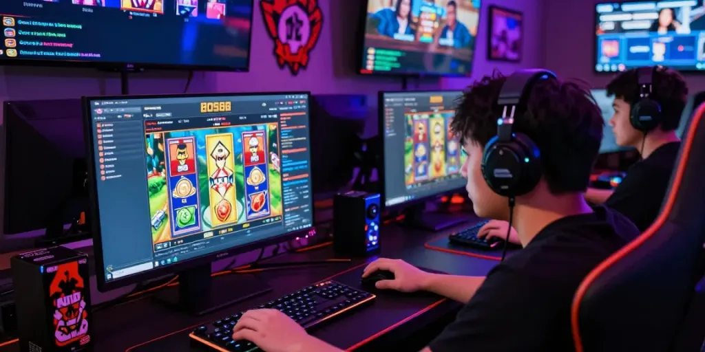 Engaging player on BOS88 platform enjoying online gaming with vibrant setup