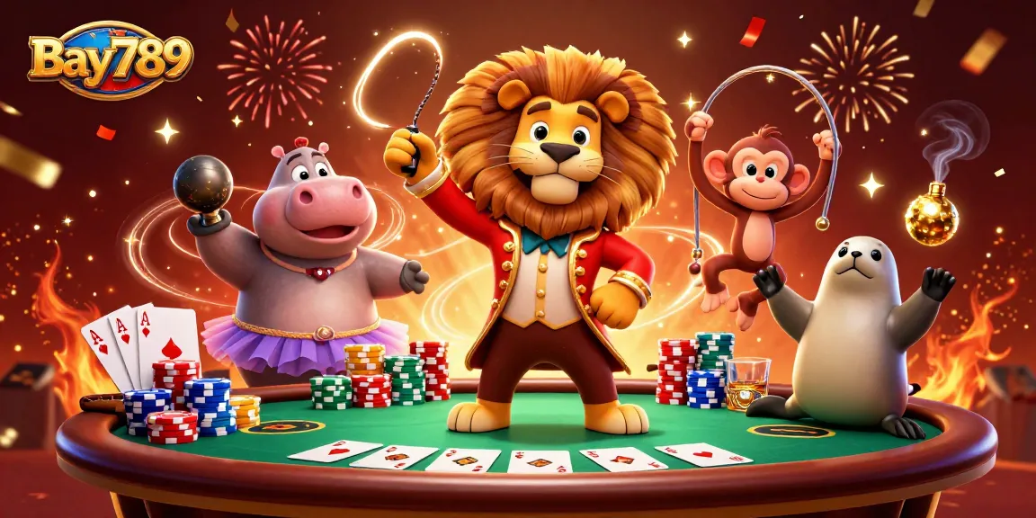 Experience thrilling gaming action at Bay789 with lively 3D characters, poker tables, and vibrant celebrations.