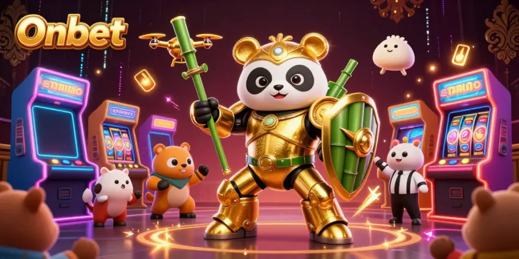 Experience thrilling casino action with Onbet in a vibrant arena filled with arcade machines and cheering spectators.