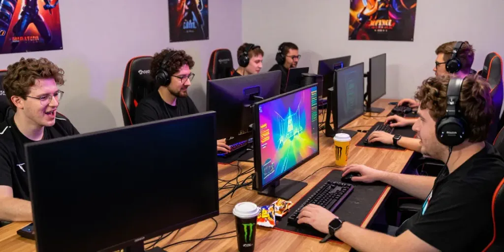 Players engaged in Singatoto online gaming showcasing excitement and Bulkhead Pattern architecture details.