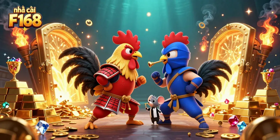 Experience the thrill at nhà cái F168 with a vibrant scene of 3D rooster fighters, gold treasures, and dynamic game elements.