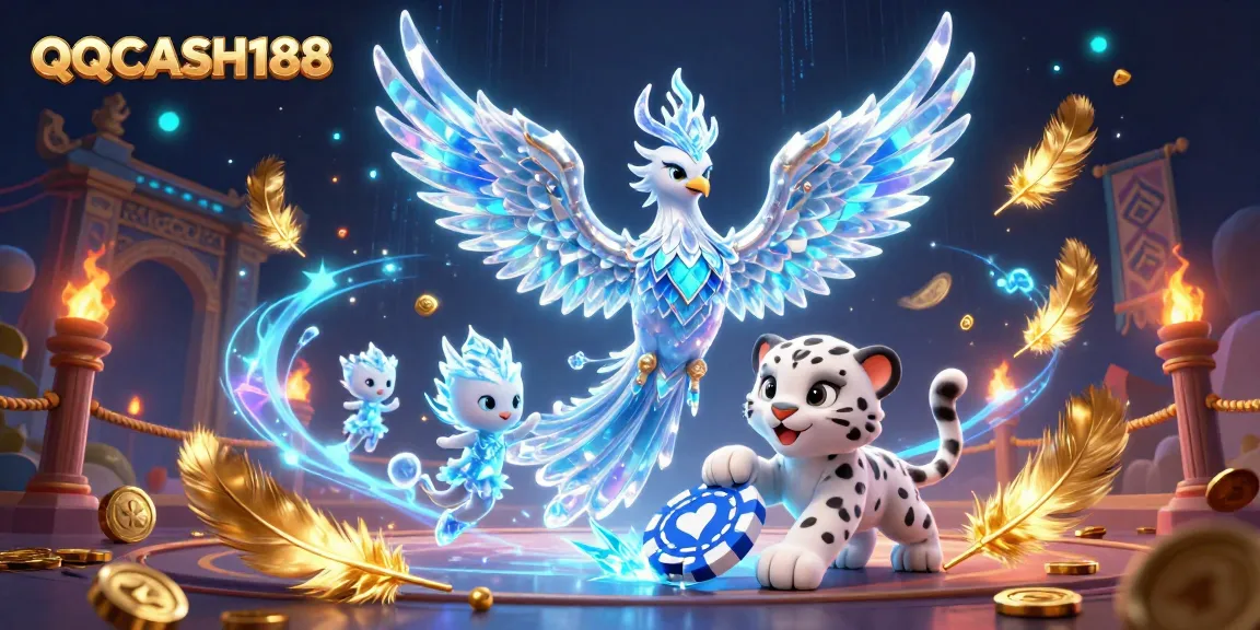 Experience winning thrills with QQCASH188 in a vibrant 3D casino scene filled with magical elements.
