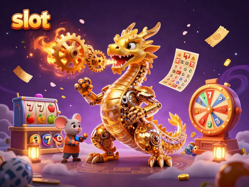 Engage in thrilling slot experiences with a golden dragon, colorful symbols, and jackpots in a vibrant casino scene.