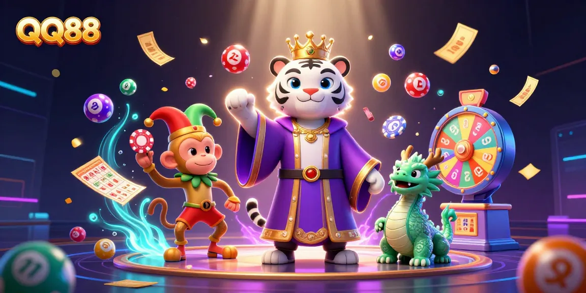 Experience the excitement of QQ88 Lottery with vibrant characters and dynamic gaming elements.