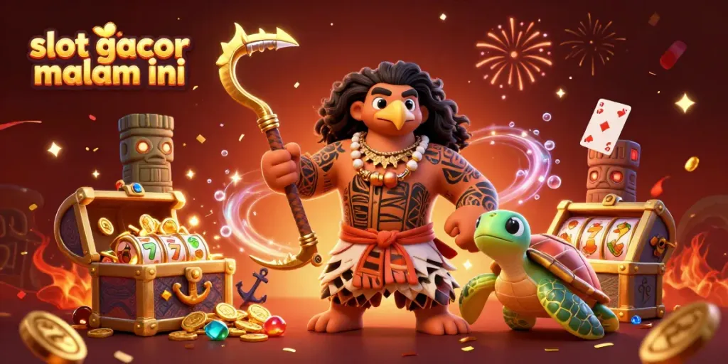 Slot gacor malam ini memperlihatkan dewa hawk Polynesia, kura-kura moana, dan simbol permainan slot, dengan warna cerah.