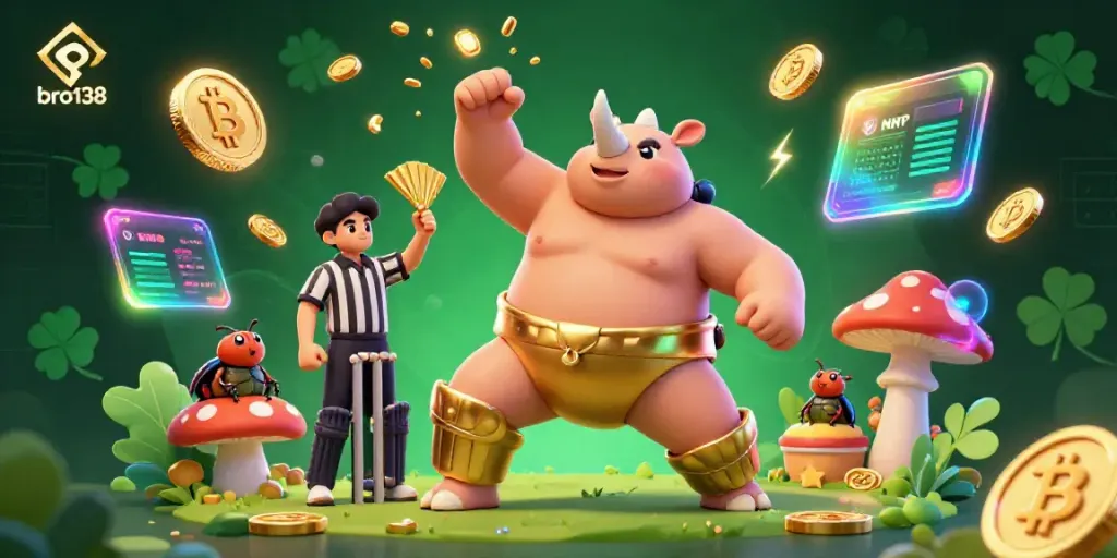 Engage with bro138's thrilling 3D casino world featuring a beetle sumo champion amidst flying coins and crypto elements.