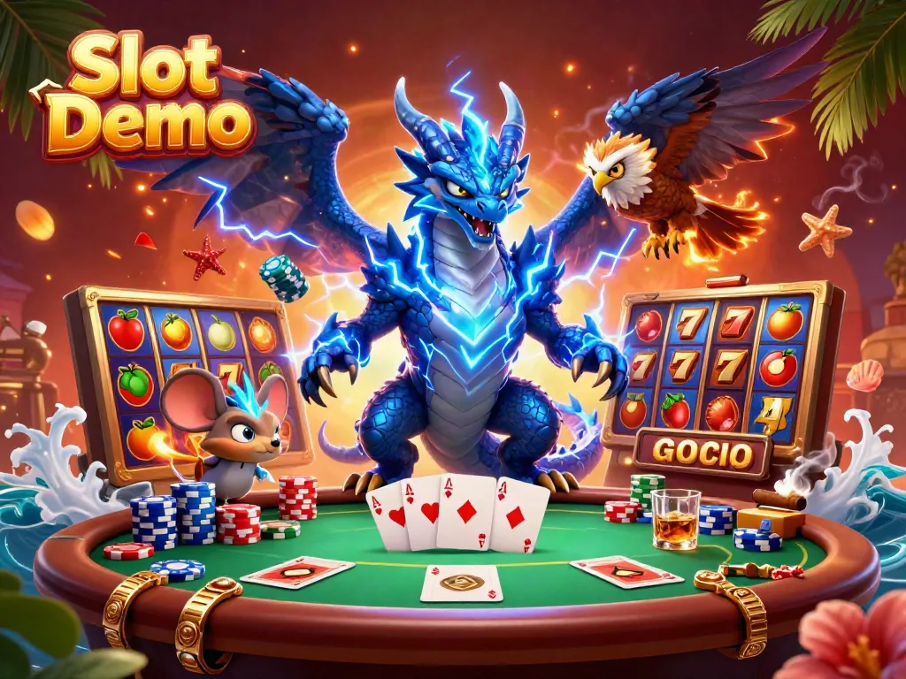 Engage in thrilling Slot Demo action with an electrifying cartoon scene featuring a thunder dragon and vibrant slot elements.