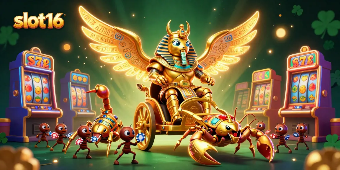 Experience thrilling slot action with slot16's golden scarab beetle and vibrant casino elements