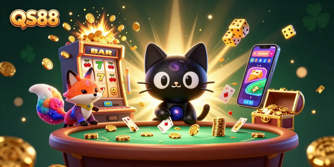 Experience thrilling gameplay with QS88, featuring a cosmic casino scene with enchanting characters and exciting game symbols.
