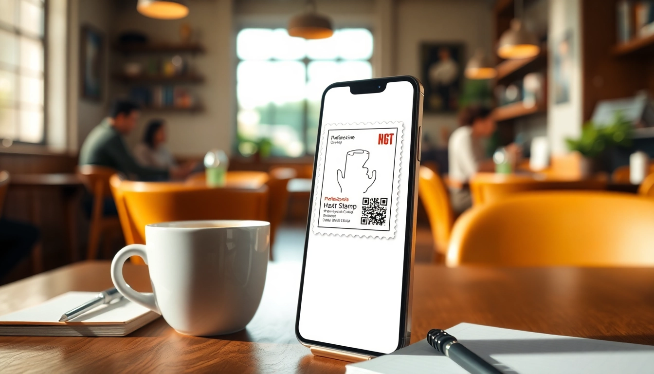 Create digital stamp cards illustrated on a smartphone in a café, showcasing a modern design.