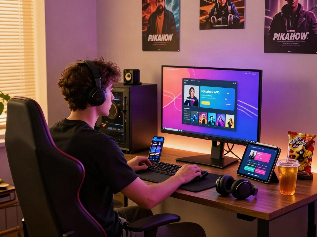 Pikashow APK interface on a vibrant monitor in a cozy gaming workspace.