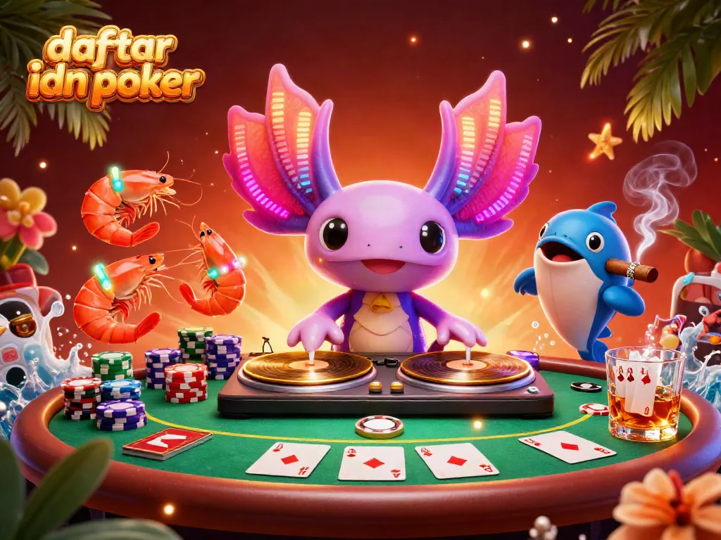 Engage in thrilling poker action with the vibrant scene of daftar idn poker featuring a colorful DJ axolotl and energetic sea creatures.