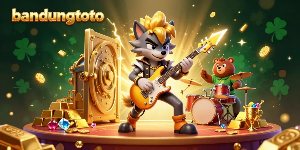 Experience thrilling bandungtoto action with a rock star wolf and drummer bear amidst gold treasures.