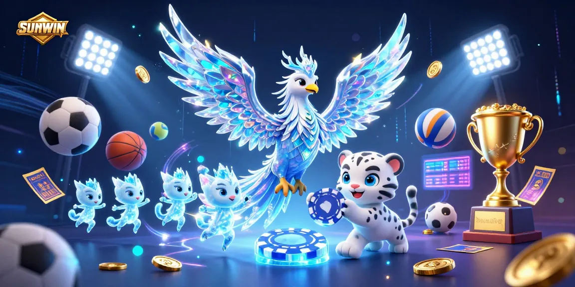 SUNWIN ignites the thrill of gaming with a vibrant 3D casino scene featuring ice phoenix, playful cub, and sports elements.