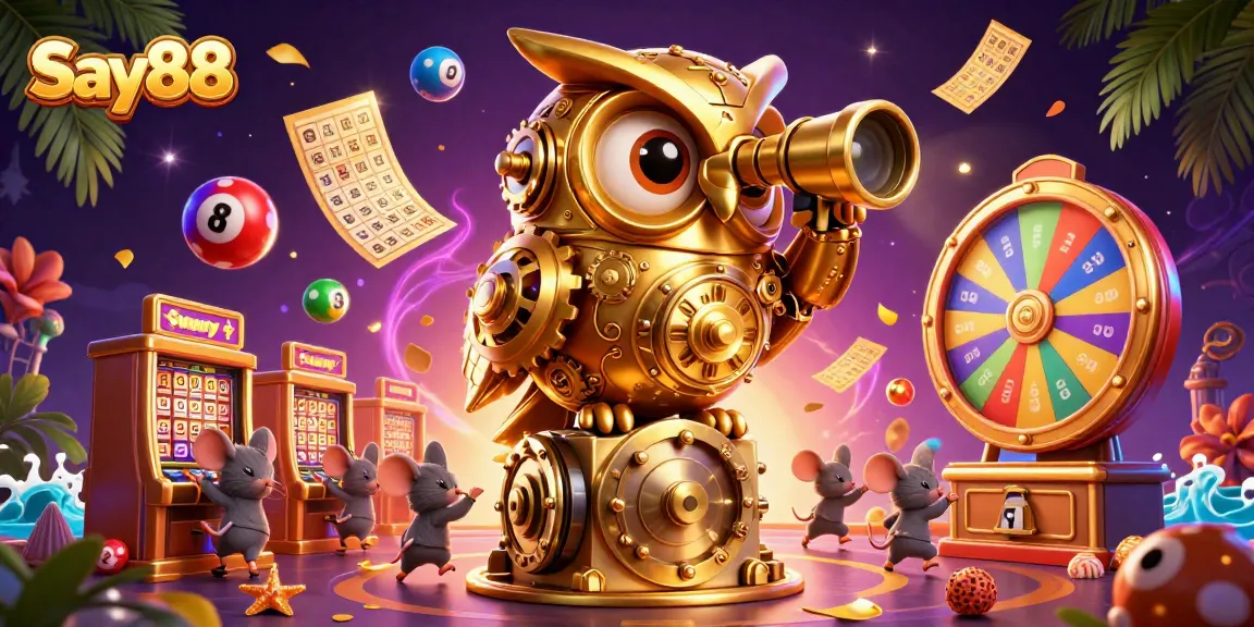 Say88 features a golden owl scanning the casino floor amidst a vibrant, dynamic gambling scene.