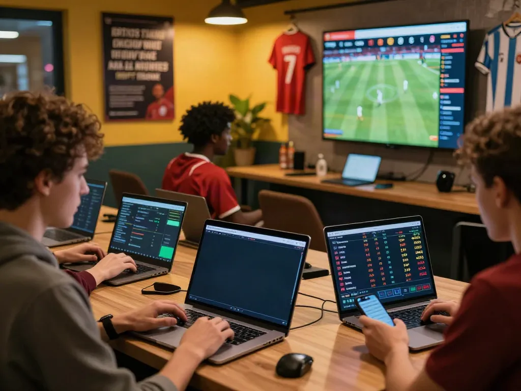 Engaged bettors analyzing odds on WWBOLA in a lively sports lounge.