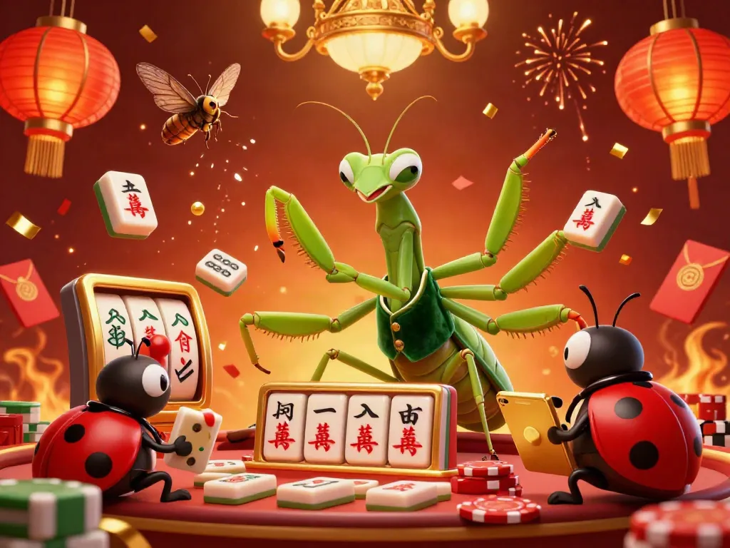 Engaging scene with a slot-themed giant praying mantis and ladybug pit boss in a vibrant casino atmosphere.